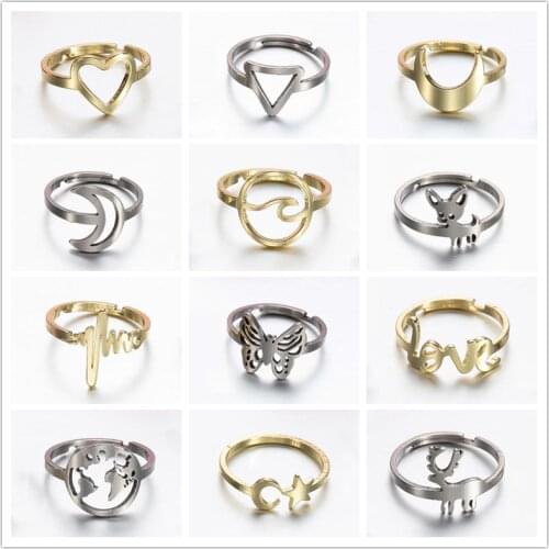 Bohemian Geometric Adjustable Rings for Women Stainless Steel Jewelry Cute Moon Heartbeat Butterfly Deer Ring Enagagement Gifts