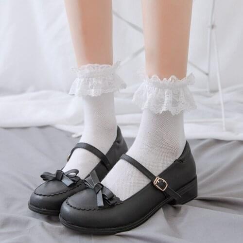 Japanese Style Lolita Socks For Women Black White Lace Mesh Cotton Socks Frilly Ruffle Maiden Cosplay Short Socks Princess Sox