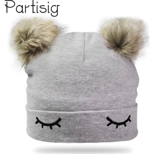 Winter Girls Eye Embroidery Double Pompom Cotton Hat For Kids Baby Caps Bonnet