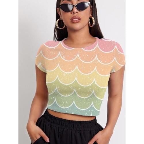 3d Tshirt Colorful T-shirt Women Rainbow T-shirts 3d Abstract Navel Bare Stripe Funny T shirts Short Sleeve T shirts Printed