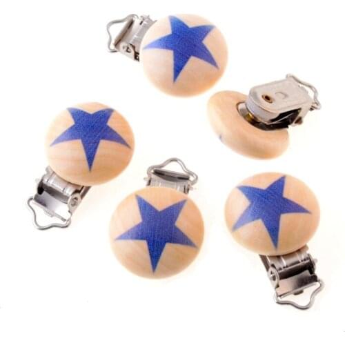 5PCs Baby Pacifier Clips Blue Star print Wood Metal Holders Cute Infant Soother Clasps Funny Accessories 4.8x2.9cm F2208