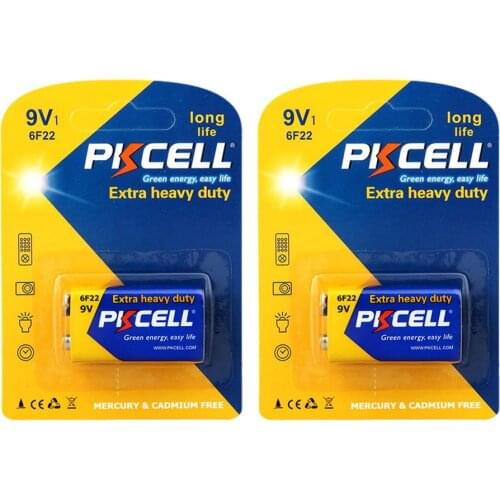 2Pack PKCELL 9V 6F22 Primary Battery 6LR61 Super Heavy Duty battery as PP3 6F22 6LR61 MN1604 9v electronic thermometer battery