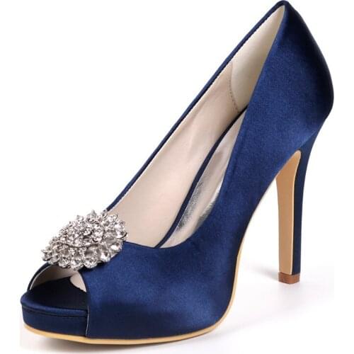High Heels Platform Satin Wedding Shoes Women Peep Toe Heeled Platform Crystals Prom Evening Party Ladies Dress Pumps