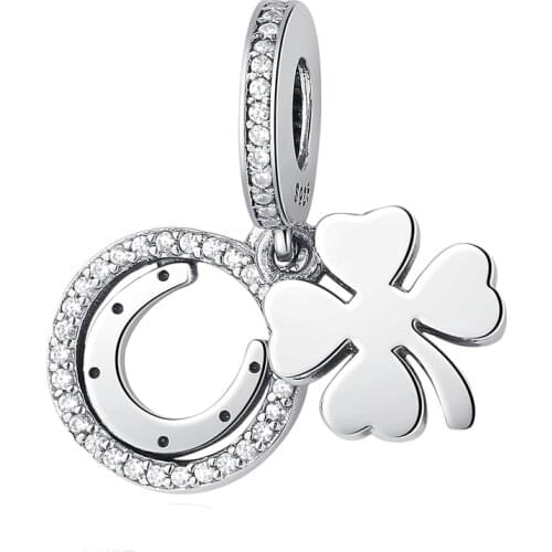 Free Shipping Authentic 925 Sterling Silver Lucky Leaf Clover Dangle Charm Fit Original Pandora Bracelet For Women DIY Jewelry