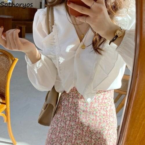 Blouses Women Spring Elegant Ruffles Retro V-neck Single Breasted Printed Skirts Korean Style Chic Streetwear All-match Fashion