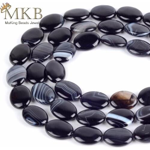 Natural Stone Beads 15*20mm Flat Oval Black Stripe Agates Loose Beads Diy Bracelet Necklace Charm Beads for Jewelry Making 15"