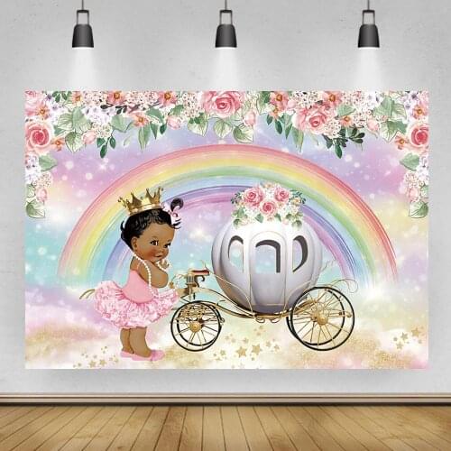Little Princess Background Flowers Pumpkin Carriage Rainbow Photography Backdrops Pink Girl Birthday Party Banner Wall Poster