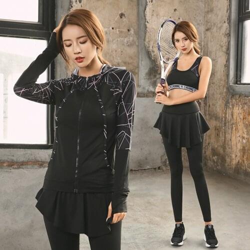 3Piece Sport Suit Women Tracksuit Yoga Set Zipper Jacket+Bra+Skorts Breathable Gym Quick Dry Running Sport Set Fitness Clothing