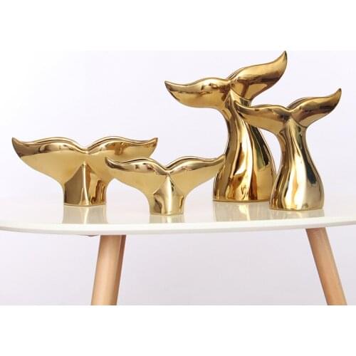 Ceramic Crafts Golden Whale Tail Simple Nordic Home Living Room Decoration TV Cabinet Painting Vase Decoration Gift