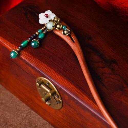 Chinese Green Agate/Shellfish/Aventurine Jade Red Sandalwood Hairpin Hair Clasp