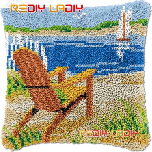 Latch Hook Cushion Beach Scenery DIY Needlepoint Kits Chunky Acrylic Yarn Arts Crocheting Lofty Pillow Case Hobby & Crafts