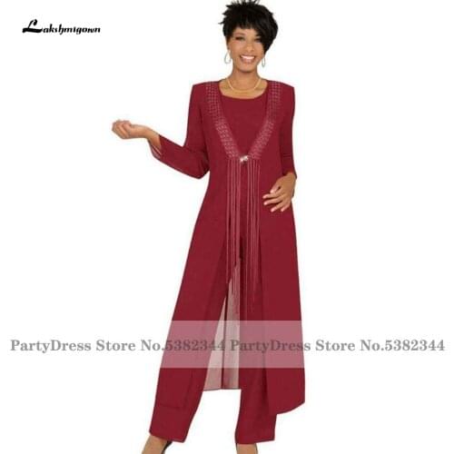 Lakshmigown 3 Piece Mother Of The Bride Pant Suits Burgundy Chiffon Long Sleeve Wedding Guest Dress Robe de Mariage 2020