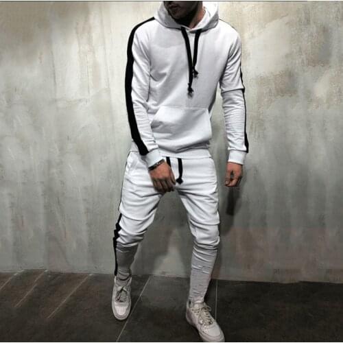 2 Pieces Sets Tracksuit Men Brand Autumn Winter Hooded Sweatshirt +Drawstring Pants Male Stripe Patchwork Hoodies