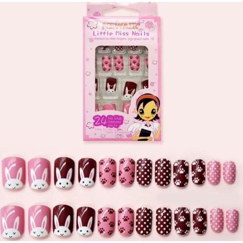 24Pcs Nail Pre-glue False Nails Cute Rabbit Pattern Safety Press on Fake Nail Tips ABS Girl Children Women DIY Nail Art