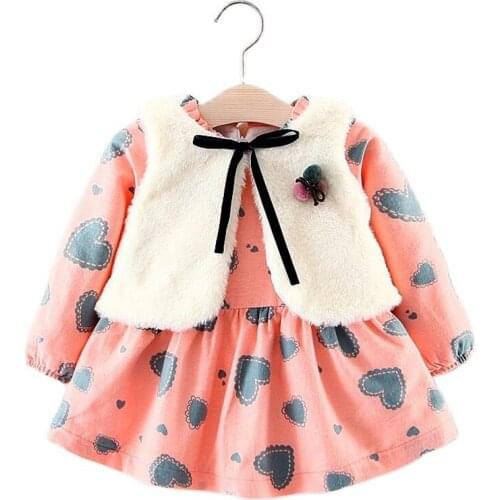 Autumn Winter Baby Girls Set Kids Clothes 2021 New Thick Heart-shaped Princess Dress+Plush Vest Suits for Children Girls Sets