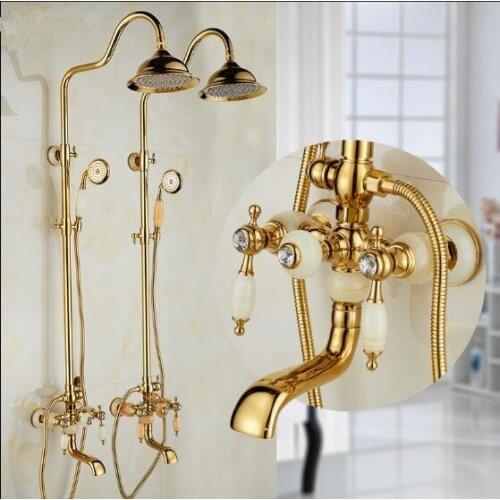 Bathtub and Shower Faucet Brass and Jade Golden Bath Shower Set Wall Mounted 8" Rain Shower tap & Handshower Faucet Set for Bath