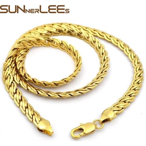 SUNNERLEES Fashion Jewelry Gold Color Necklace 6mm Flat Wheat Snail Rope Link Chain For Mens Womens Gift C60 N