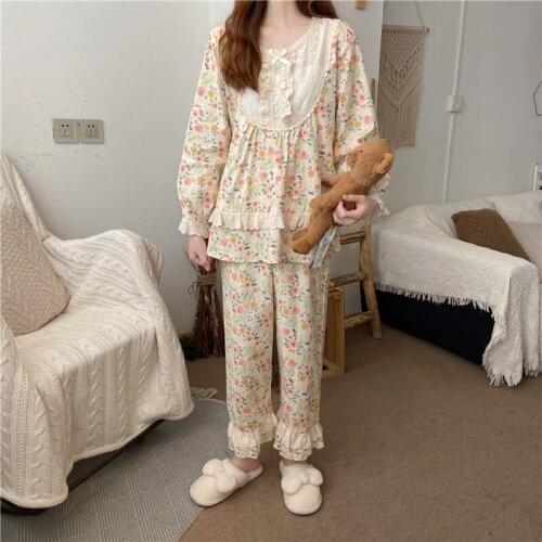 Vintage Style Female Lolita Nightwear Ladies Loose Flower Pajama Suits Girls Pyjamas Set Home Sleepwear Suit Nightclothes Women