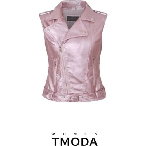 TMODA New Fashion Women Spring Autunm Bright Pink Faux Leather Vest Jackets Lady Bomber Motorcycle Cool Outerwear Coat with Belt