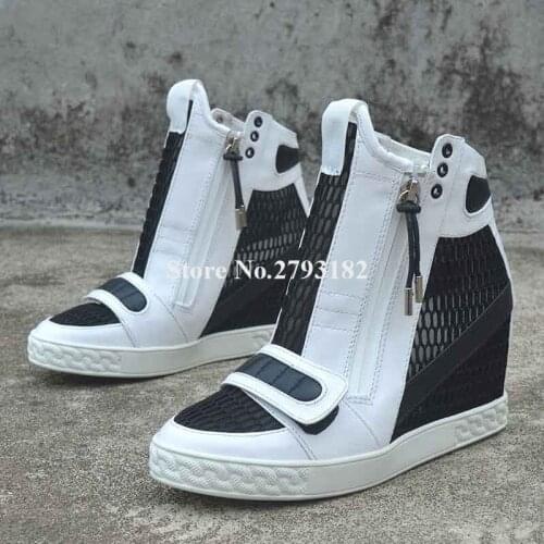 Women Causal Round Toe Cut-out Wedge Patchwork Ankle Boots Height Increasing Mesh Leisure Shoes Side Zip Boots