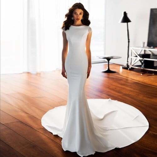 Fanweimei Weddding Dresses Mermaid Boat Neck Appliqued Beading Sexy Simple Elegant Long Backless Cap Sleeve 2020 Bridal Gowns