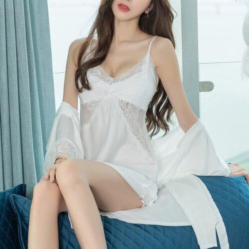Women Ice Silk Robes Gown Set Summer Female Lace Sexy Sleepwear Bathrobes Spring Summer Pajamas Homewear Robe(With chest pad)