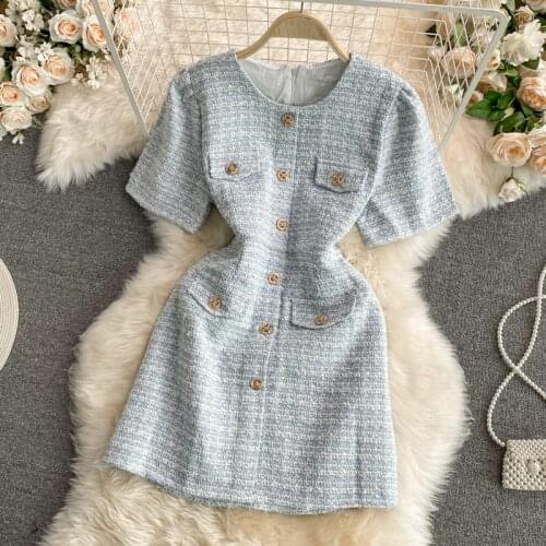 New Arrival Summer Runway Korean Luxury Womens Brand Tweed Dress Elegant High Waist Sweet Short Sleeve Dresses Vestidos
