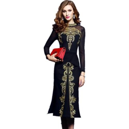 Women Spring and Autumn Vintage Embroidery Dress Female Elegant Black Retro Robe Femme Knitted Clothing Mesh Sexy fashion dress
