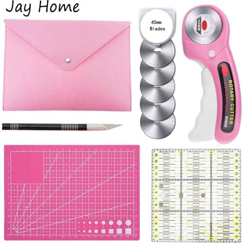 5PCS 45mm Fabric Rotary Cutter with Replacement Blades & Self Healing Cutting Mat & Patchwork Ruler for Leather Sewing Tool Sets