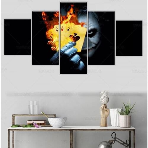 5 Pieces Hd Printed Frameless Canvas Painting White and Black Joker Holding Fire Pokers Poster for Home Rooms Wall Decoration