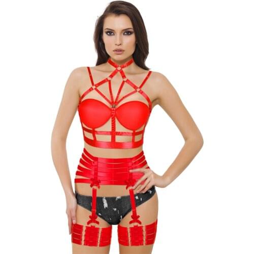 BDSM 2 Pieces Set Women Body Bondage Crop Tops Chest Cage Bra Sexy Gothic Harness Garter Fetish Wear Lingerie Suspender Costume