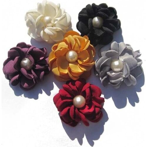 Free shipping 5cm 24pcs/lot Artificial Fabric Burned edge Flower with pearl Wedding Decoration Hair Accessories