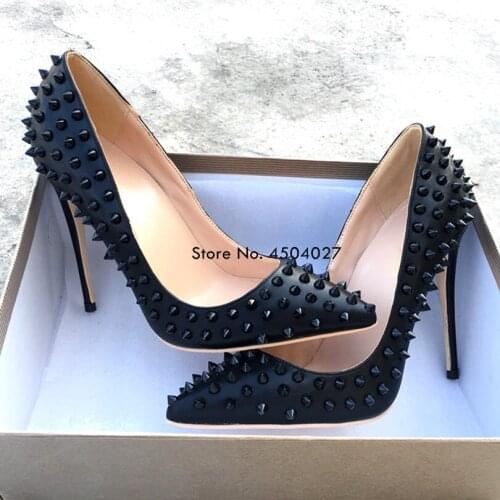 Black Women Punk Rivets Pointed Toe High Heels Sexy Ladies Stilettos Heel Pumps Woman Dress Shoes