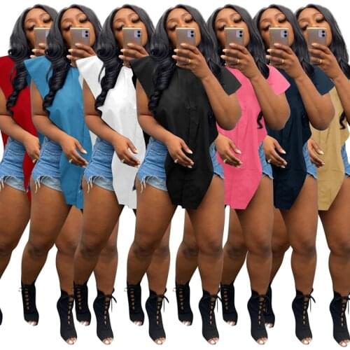 ZKYZWX Short Sleeve Long T Shirt Tops for Women Summer Festival Clothes Y2k Clothes Sexy Loose Turn Down Collar Clubwear Tops