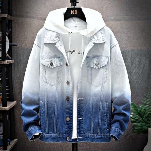 Autumn Mens Denim Jacket Fashion Slim Bomber Gradient Color Cowboy Coat Male Streetwear Retro Jeans Outwear Clothing Veste Homme