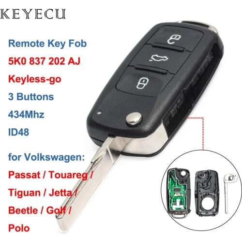 Keyecu 5K0 837 202 AJ Flip Remote Car Key Fob 434MHz CAN ID48 for VW Volkswagen Touareg Beetle Golf Jetta 2011 2012, 5K0837202AJ