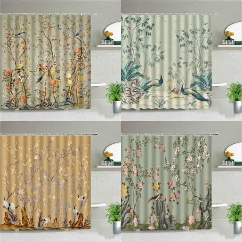 Chinese Landscape Painting Shower Curtains Bird Plum Tree Branch Curtain Waterproof Polyester Fabric Bathroom Decor With Hooks