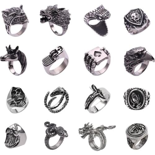 Hip-hop Cuba Chain Ring Snake Eagle Skull Lion Wolf head Male Ring Punk Playing Card Star Cool Men Bar Finger Motorbike Jewelry