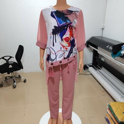 2 Piece Set Women Slim Solid Pants And 3/4 Sleeve O-Collar Tassel Top 2021 Fashion Print Irregular Office Lady Suit Outfits