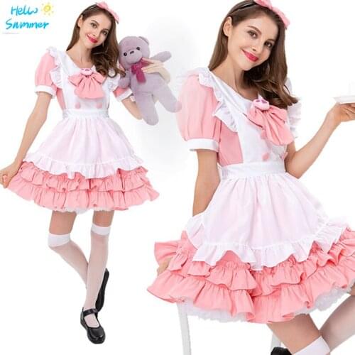 Pink Maid Outfit Cosplay Lolita Anime Costume Strappy Princess Dress Lace Doll Skirt Maid Clothing Cafe Woman Sissy Crossdress
