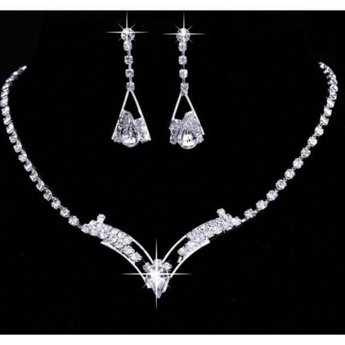 Cute Female Water Drop Crystal Jewelry Set Charm Silver Color Wedding Dangle Earrings For Women Boho White Zircon Chain Necklace