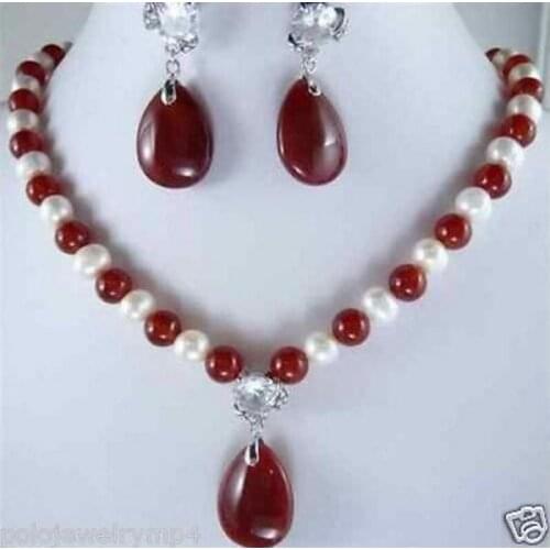 Fashion jewelry Free Shipping Jewelry White Pearl & Red crystal pendants Necklace Earring Set AAA style 100% Natural Noble Fine