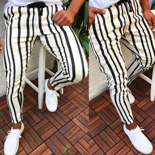 Hot Sale Men Plain Casual Tracksuit Sports Pants Chic Men Vertical Stripes Print Drawstring Skinny Pencil Pants Sports Trousers