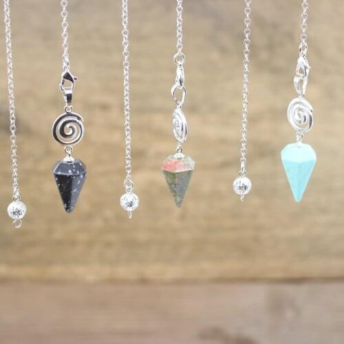 Natural Stone Faceted Cone Spiral Pendulum Hexagonal Pointed Healing Reiki Dowsing Meditation Divination Chains Jewelry,QC6016