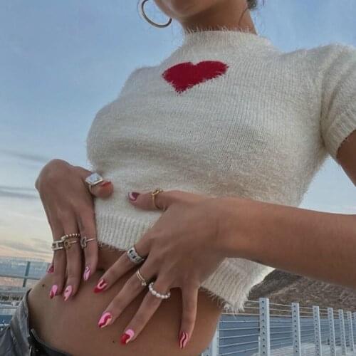 2021 NEW American Age Womens Reducing Love Short Hairy Knitted Short Sleeve T-shirt Round Neck Slim Bottom A619