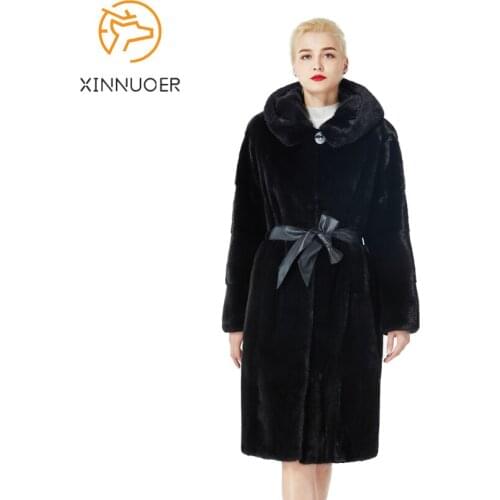 Womens mink fur coat, natural mink fur, long section with leather belt, warm in winter, luxurious and generous