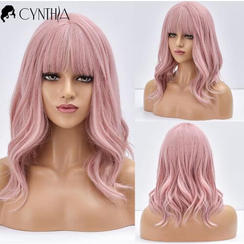 Midium Pink Purple Natural Wavy Daily Synthetic Wigs With Bangs For Black White Women Heat Resistant Cosplay Fake Hair Wig