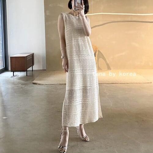 Hollow Out Knitted Summer Dress Sleeveless Loose Long Straight Dress Boho Casual Vintage Party Dress with Sling Korean 2021 Z151