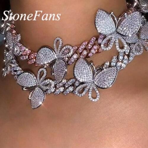 Stonefans Shining Crystal Cuban Link Butterfly Choker Necklace Rhinestone Gold Silver Color Chain Necklaces for Women Jewelry