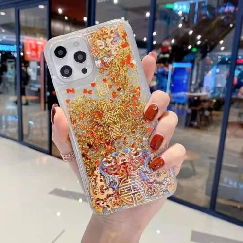 Lucky Ruyi totem Love Heart Glitter Phone Case For OPPO Reno 5 4 3 Pro 4SE A9 A8 A31 2020 A72 5G Liquid Quicksand Bling Cover